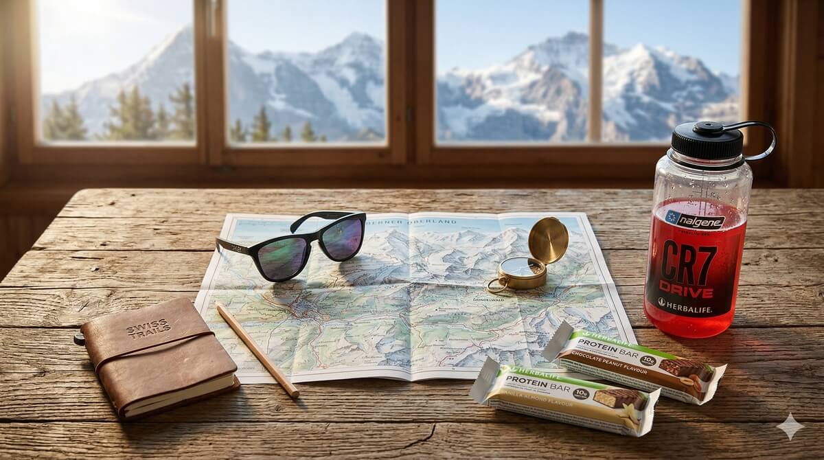 Wanderausrüstung mit Schweizer Karte, Protein-Riegeln und CR7 Drive vor Alpenpanorama